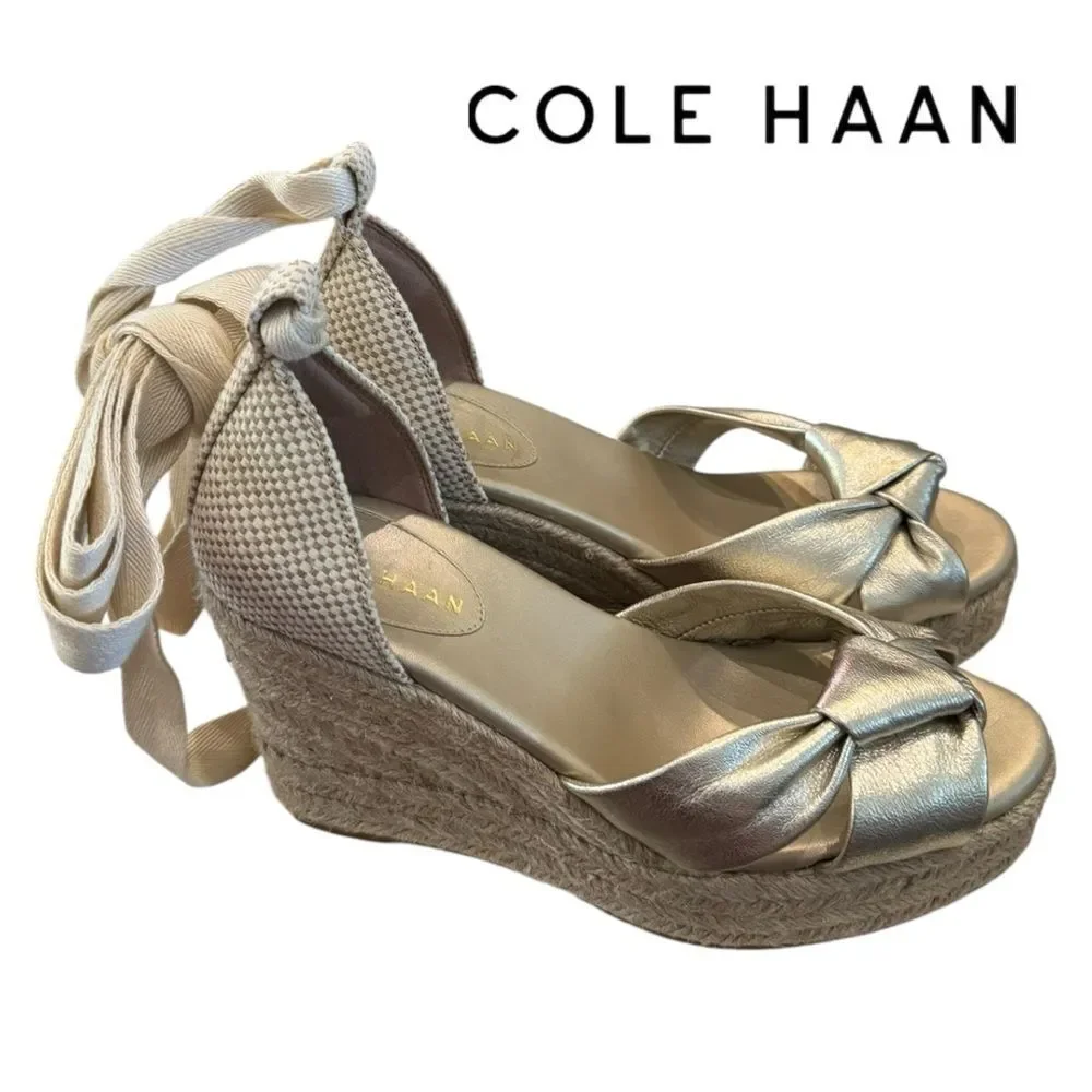 Cole Haan Women's Cloudfeel Hampton Ankle Tie Gold Natural Wedge Sandals 7.5